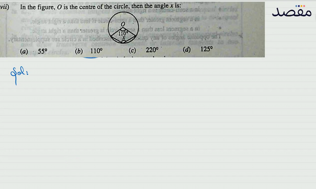 (vii) In the figure  O  is the centre of the circle then the angle  x  is:(a)  55^{\circ} (b)  110^{\circ} (c)  220^{\circ} (d)  125^{\circ} 