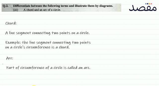 Q.2. Differentiate between the following terms and illustrate them by diagrams.(iii) A chord and an arc of a circle.