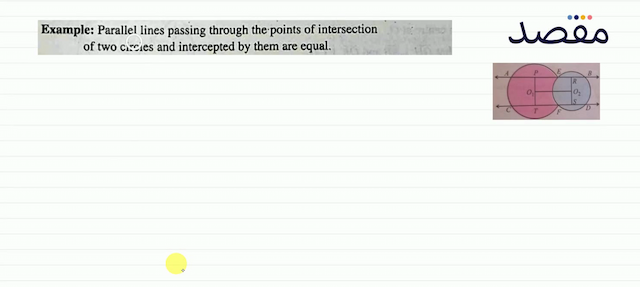 Example: Parallel lines passing through the points of intersection of two circles and intercepted by them are equal.