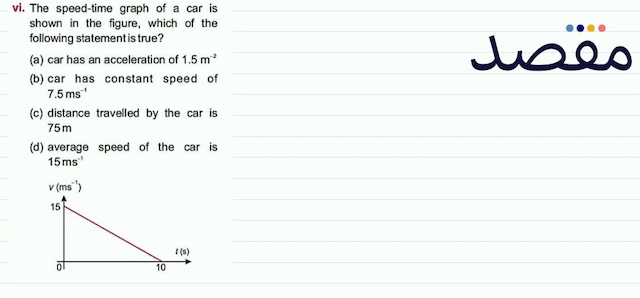 vi. The speed-time graph of a car is shown in the figure which of the following statement is true?(a) car has an acceleration of  1.5 \mathrm{~m}^{-2} (b) car has constant speed of  7.5 \mathrm{~ms}^{-1} (c) distance travelled by the car is  75 \mathrm{~m} (d) average speed of the car is  15 \mathrm{~ms}^{-1}  v\left(m s^{-1}\right) 