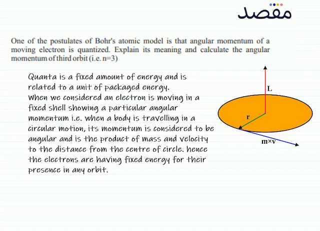 One of the postulates of Bohrs atomic model is that angular momentum of a moving electron is quantized. Explain its meaning and calculate the angular momentum of third orbit (i.e.  \mathrm{n}=3  )