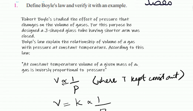  1 . Define Boyles law and verify it with an example.