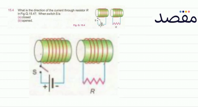  15.4  What is the direction of the current through resistor  R  in Fig.Q.15.4?. When switch S is(a) closed(b) opened.Fig. Q.  15.4 