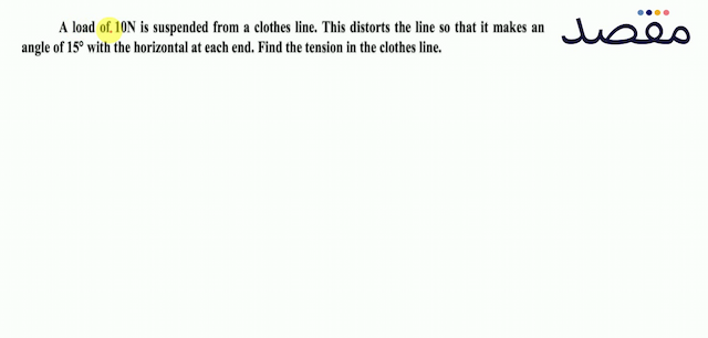 A load of  10 \mathrm{~N}  is suspended from a clothes line. This distorts the line so that it makes an angle of  15^{\circ}  with the horizontal at each end. Find the tension in the clothes line.