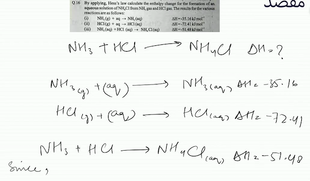 Q.16 By applying Hesss law calculate the enthalpy change for the formation of an. aqueous solution of  \mathrm{NH}_{4} \mathrm{Cl}  from  \mathrm{NH}_{3}  gas and  \mathrm{HCl}  gas. The results for the various reactions are as follows:(i)   \mathrm{NH}_{3}(\mathrm{~g})+\mathrm{aq} \rightarrow \mathrm{NH}_{3}(\mathrm{aq})  \Delta \mathrm{H}=-35.16 \mathrm{~kJ} \mathrm{~mol}^{-1} (ii)  \mathrm{HCl}(\mathrm{g})+\mathrm{aq} \rightarrow \mathrm{HCl}  (aq) \Delta \mathrm{H}=-72.41 \mathrm{~kJ} \mathrm{~mol}^{-1} (iii)   \mathrm{NH}_{3}(\mathrm{aq})+\mathrm{HCl}  (aq)  \rightarrow \mathrm{NH}_{4} \mathrm{Cl}  (aq) \Delta \mathrm{H}=-51.48 \mathrm{~kJ} \mathrm{~mol}^{-1} 