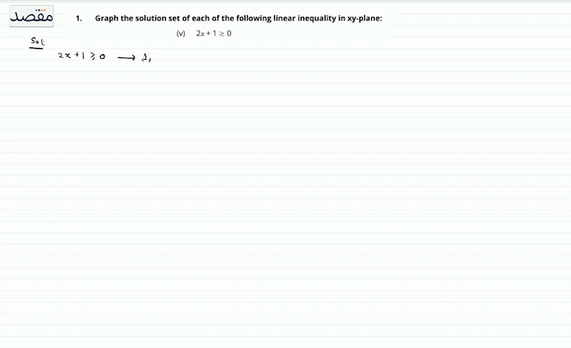1. Graph the solution set of each of the following linear inequality in  x y -plane:(v)   2 x+1 \geq 0 