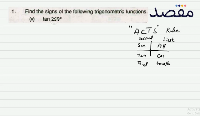 1. Find the signs of the following trigonometric functions.(v)  \tan 299^{\circ} 