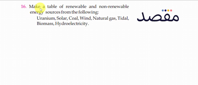 16. Make a table of renewable and non-renewable energy sources from the following:Uranium Solar Coal Wind Natural gas Tidal Biomass Hydroelectricity.